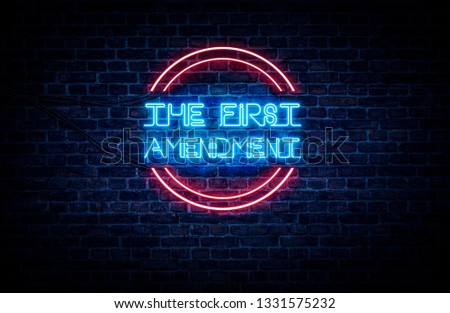 A neon sign in blue and red light on a brick wall background that reads: THE FIRST AMENDMENT