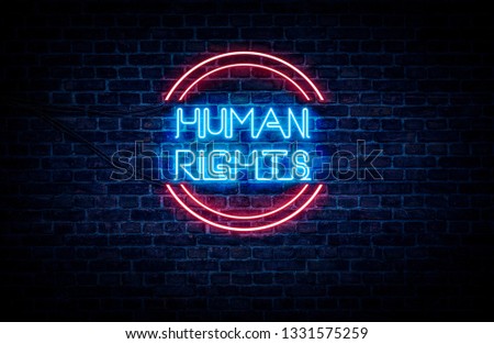 A neon sign in blue and red light on a brick wall background that reads: HUMAN RIGHTS