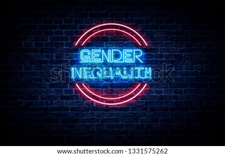 A neon sign in blue and red light on a brick wall background that reads: GENDER INEQUALITY