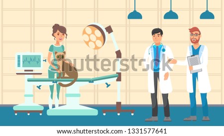Vet Appointment Flat Vector Color Illustration. Vet Doctors Examines Cat in Surgery room. Pet Lover, Veterinarians, Siamese Cartoon Character. Veterinary Emergency Service Horizontal Drawing