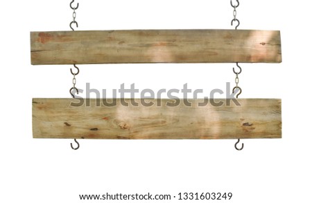 Empty wooden signs hanging on chain isolated on white background.