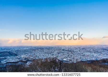 Beautiful landscape with moiwa mountain around tree and city in snow winter season at sunset time in Sapporo Hokkaido Japan