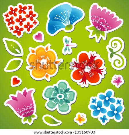 Vector set of bright colorful flowers, butterflies and dragonflies. Collection of items for scrapbooking