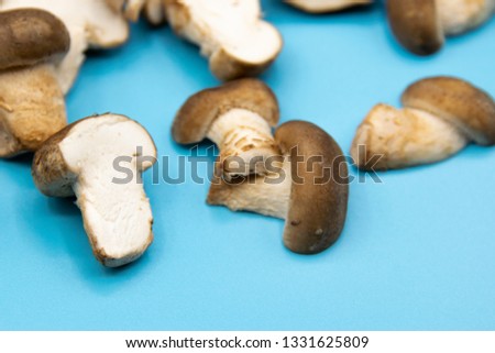 Closeup on baby shiitake mushrooms arranged on a blue background.