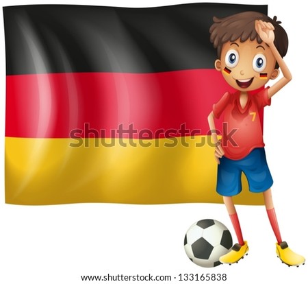Illustration of a boy with a soccer ball in front of the flag of Germany on a white background