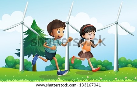 Illustration of a girl and a boy running in the hill with windmills