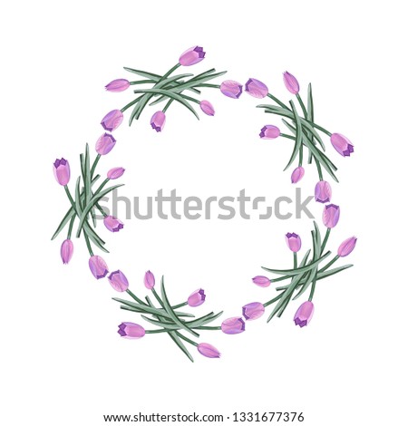 Wreath with hand drawn tulips. Watercolor flower effect. Five bouquet with tulips.  Gentle lilac, violet pastel colors. Isolatd on white. Vector illustration.