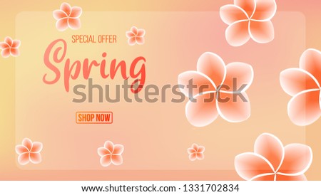 Spring background with beautiful colorful flower, card for spring season, promotion offer with spring element design, leaves and flower decoration, hand lettering font, sale banner. eps10 vector.