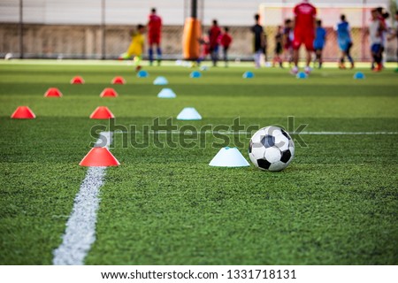 Soccer ball tactics on grass field with cone for training