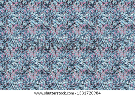 Art butterflies on blue, white and black colors. Cute background for paper, design of fabric, wrappers and wallpaper. Children butterfly seamless pattern. Raster.