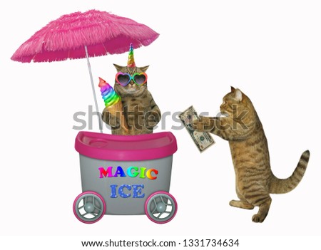 The cat unicorn in sunglasses is selling color ice cream at the mini movable pink cart. White background.