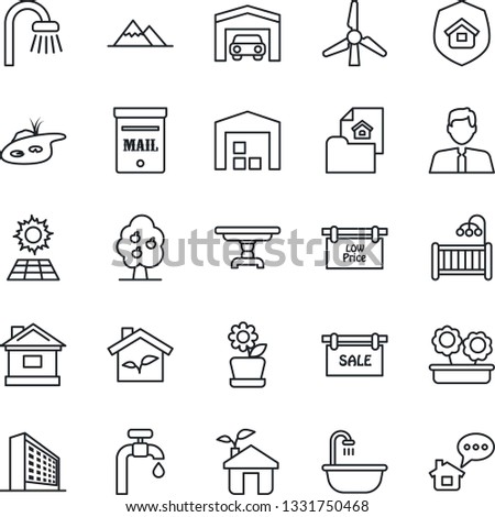 Thin Line Icon Set - office building vector, house, pond, mailbox, sun panel, windmill, water supply, fruit tree, mountains, garage, warehouse, estate document, sale, low price signboard, agent, eco