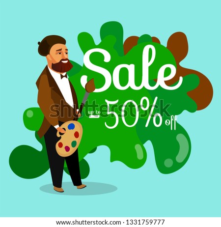Art Shop Discount Banner, Coupon Vector Template. 50 Off Sale Flat Flyer. Promotional Poster Concept with Text Space. Art School, Class, Stationery Store Special Offer. Painter Cartoon Character