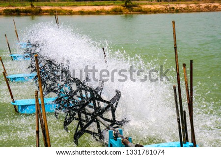 Hydraulic turbine water or the Paddle wheel aerator active in aquaculture pond for increase dissolve oxygen in water, improve water quality