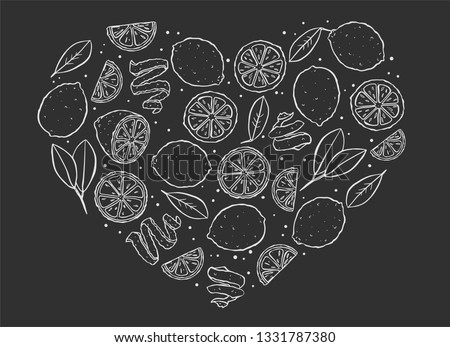 fresh sweet lemon white outline isolated on black  background in the shape of a heart