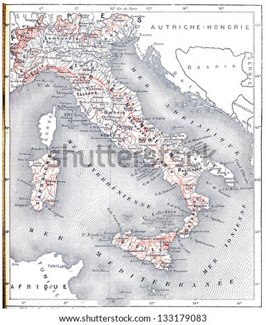 Topographical Map of Modern Italy, vintage engraved illustration. Dictionary of Words and Things - Larive and Fleury - 1895