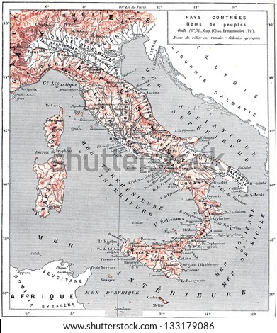 Topographical Map of Ancient Italy, vintage engraved illustration. Dictionary of Words and Things - Larive and Fleury - 1895