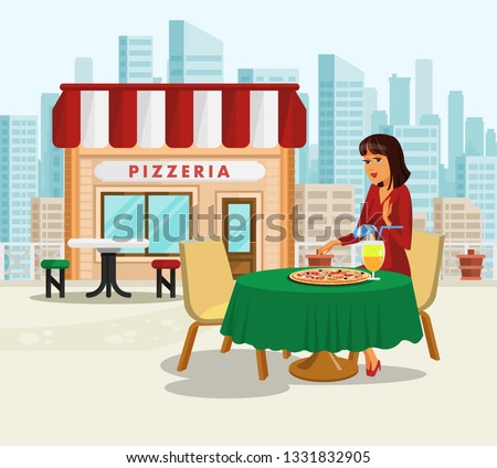 Woman having Lunch Break at Pizzeria Illustration. Female Cartoon Character Eating Pizza. Elegant Lady at Fast-Food Restaurant. Breakfast in Big City. Girl having Dinner Alone Vector Drawing