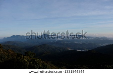 Mountain view in the center of the Titiwangsa Range from the scenery of the Mossy Forest in Cameron Highland, Malaysia. The picture was recorded on Feb 24, 2019.