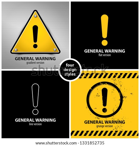set of general warning symbols containing four unique design elements in different variations: gradient, flat, line and grunge style, eps10 vector illustration