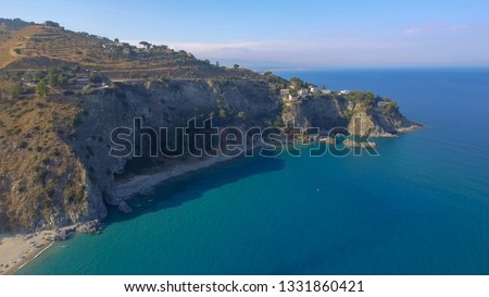 Caminia Lido, panoramic aerial view of Calabria coastline in summer season.