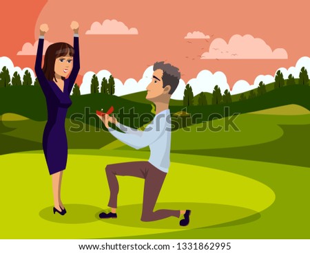 Marriage Proposal in Forest Vector Illustration. Man standing on one Knee, Proposing to Woman. Emotional Reaction. Girlfriend, Boyfriend Cartoon Characters. Nature Landscape Flat Drawing