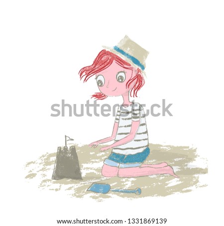 Girl kid with red hair playing on the beach with sand, sandcastle - Vector illustration hand drawn with pencil texture isolated on white background