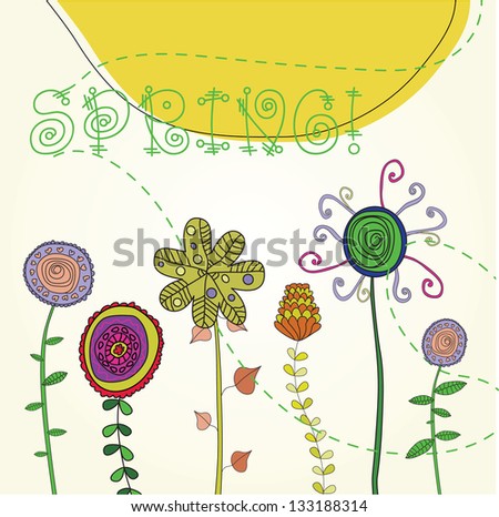 Background with flowers, the sun and the word spring