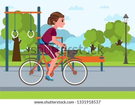 Woman Riding Bicycle in Park Vector Illustration. Outdoor Activities, Healthy Lifestyle Flat Drawing. Female Cyclist, Sportswoman Cartoon Character. Young Smiling Girl at Bikeway Poster Concept