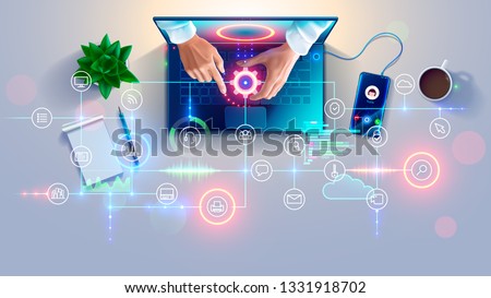 Remote Support online. Remotely access and control desktop of computers or laptop via web internet connection. System administrator helps of customers, employees fix issues, setup software, equipment. Royalty-Free Stock Photo #1331918702