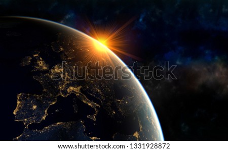  realistic render of the earth seen from space,sunrise over Europe.Elements of this image furnished by NASA. 3d rendering