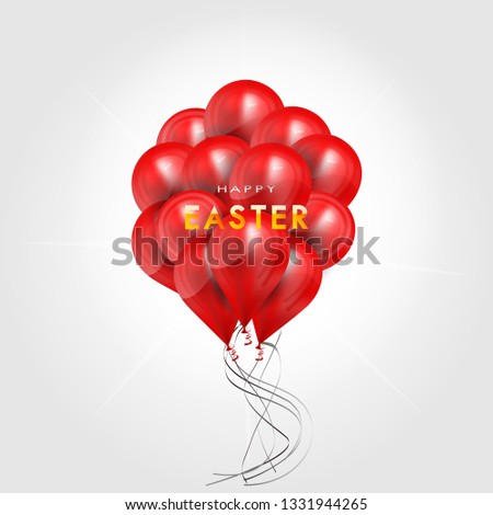 Happy Easter. Vector holiday illustration of flying bunch of realistic red balloons. Design element. Red Balloons 
and the golden inscription. Christian religion event.