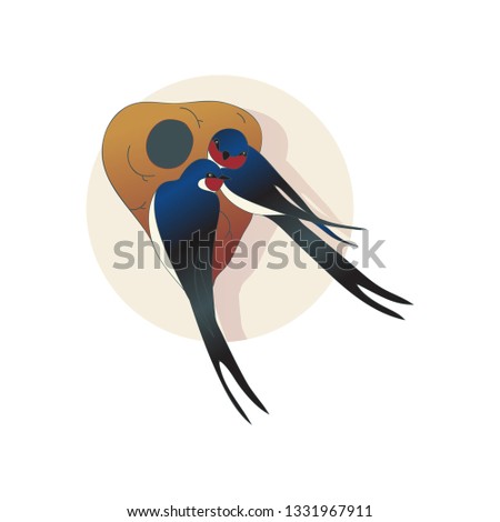 Two lovely martlets or swallows sitting near nest. Couple of birds. Wild creatures. Wildlife theme. Flat vector icon