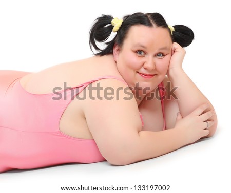 Crazy portrait of funny obese woman dressed in swimsuit..