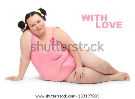 Crazy postcard with funny obese woman dressed in swimsuit. Picture with space for your text.