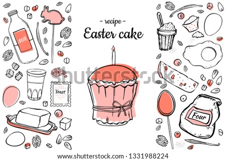 Easter cake recipe two-colored black outline on white background 