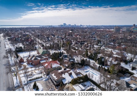 Aerial view of Milwaukee Wisconsin from 3500 block of Lake Drive in late winter