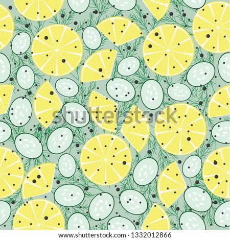 seamless background with lemons pepper, cucumber and dill. 