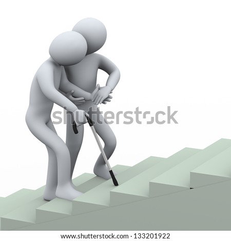 3d illustration of person supporting and helping old man for climbing stair.. 3d rendering of people - human character.