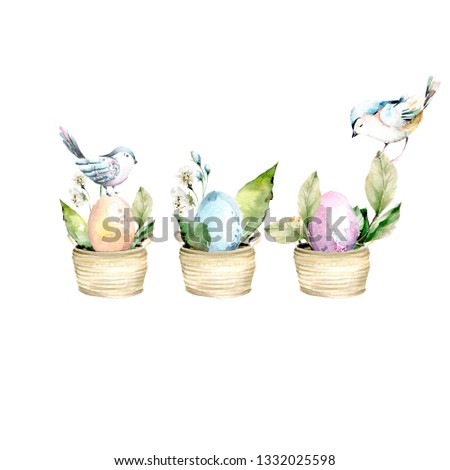 Hand drawing watercolor spring Easter set of eggs, birds, flowers. illustration isolated on white