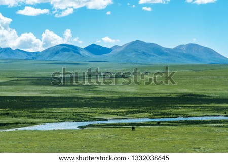 
Blue Sky, White Clouds and Green Grassland Mountains, Plateau Ranch, Tibet-Tibet Railway, China 