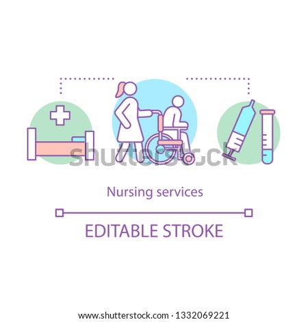 Nursing service concept icon. Medical help idea thin line illustration. Flu injection. Rehabilitation center. Injury, trauma treatment in clinic. Vector isolated outline drawing. Editable stroke