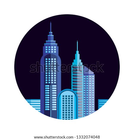 buildings cityscape night scene in frame circular