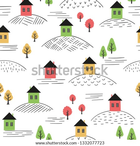 Hand drawn seamless pattern with colorful houses and trees.