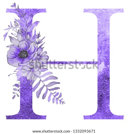 Violet glitter watercolor letter of the alphabet with flowers and leaves on the white isolated background. Floral elegant design.
