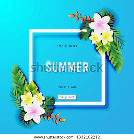 Summer sale background with paper art of tropical, vector illustration template, banners, Wallpaper, invitation, posters, brochure, voucher discount