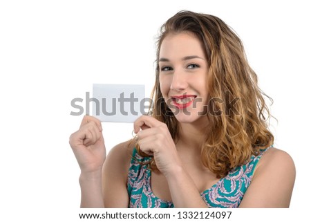 pretty young woman showing a small empty card