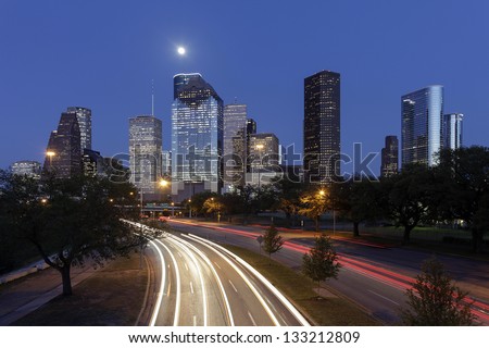 Houston Skyline at Night with Moving Traffic, Texas, USA