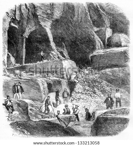 Internal View of the Marble Quarries of Echaillon in Isere, France, vintage engraved illustration. Le Magasin Pittoresque - Larive and Fleury - 1874