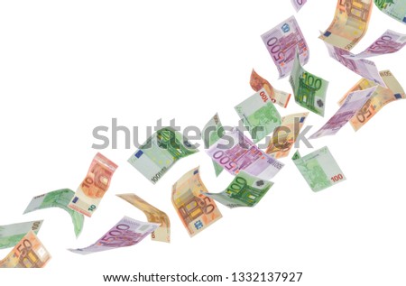flying banknotes in front of a white background 